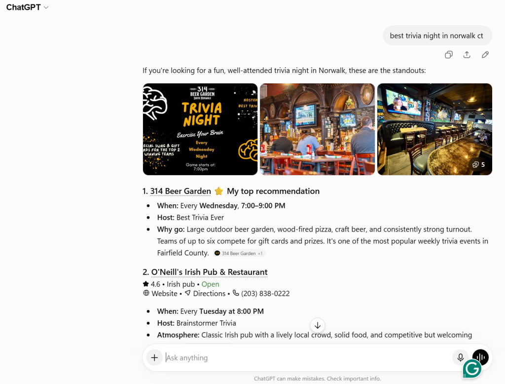 Screenshot of ChatGPT return for best trivia night Norwalk CT, list 314 Beer Garden #1 