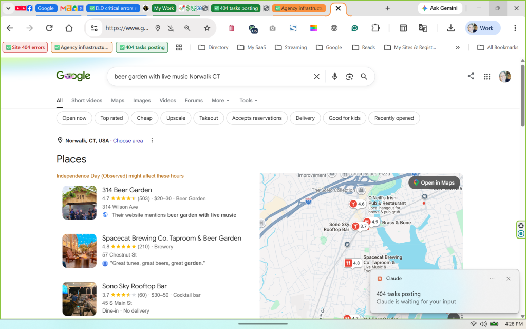 a screenshot of the search result beer garden with music Norwalk CT, returning 314 Beer Garden