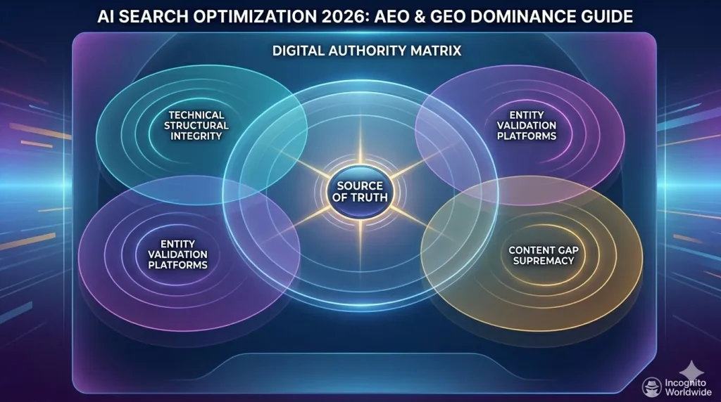 The four pillars of AI for Small Business growth in 2026: Technical Integrity, Entity Validation, Content Gap, and Topical Authority, as architected by Incognito Worldwide.