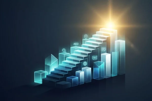 A 3D digital rendering of a rising glowing staircase leading to a bright light representing the growth of digital authority through consistent marketing.