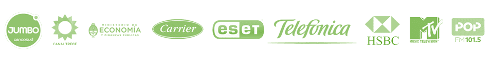 Trusted Client Logos: Jumbo, Canal Trece, Ministerio de Economía, Carrier, ESET, Telefónica, HSBC, MTV, and POP FM