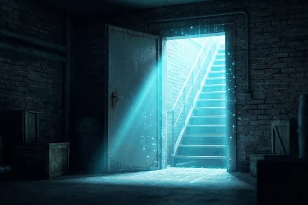 A brilliant beam of cool blue digital light streaming into a dark basement, revealing a set of stairs leading upward toward a visible storefront