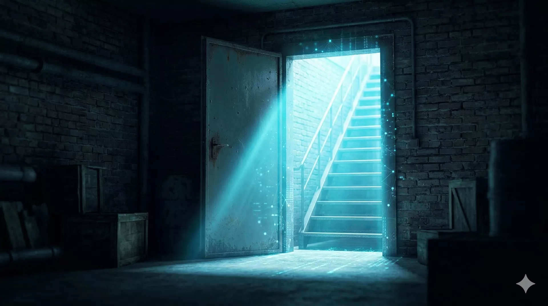 A brilliant beam of cool blue digital light streaming into a dark basement, revealing a set of stairs leading upward toward a visible storefront
