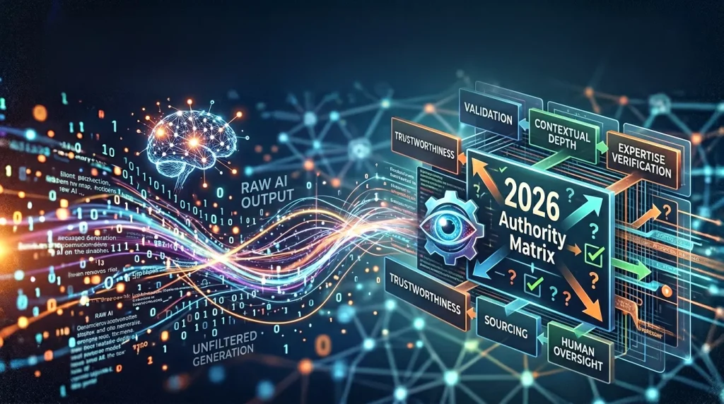 Header image illustrating human technical stewardship in collaboration with AI for the optimum convergence of AEO, GEO, SEO, and Directories for the 2026 search ecosystem, visualizing the human expert as the indispensable mind required to instruct, monitor, and deploy the automated AI authority matrix by Incognito Worldwide