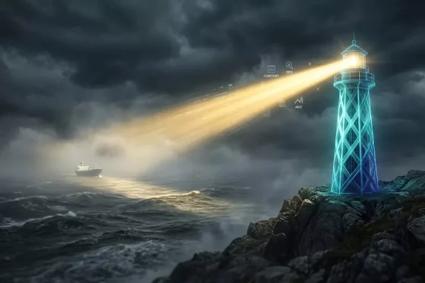 A digital lighthouse made of blue light beams standing steady on a cliff, casting a golden light path through a stormy recession sea and fog.