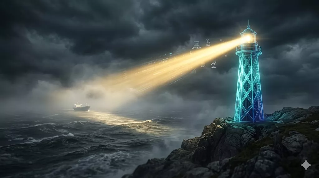 A digital lighthouse made of blue light beams standing steady on a cliff, casting a golden light path through a stormy recession sea and fog.