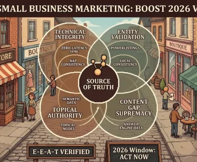 Header image visualizing creative small business marketing strategies for 2026, using warm pixel-art visuals of a local cityscape to illustrate the human and architectural elements of the Digital Authority Matrix, by Incognito Worldwide.