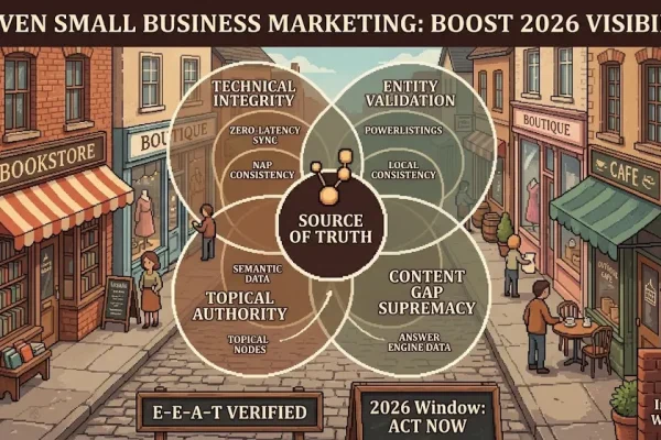 Header image visualizing creative small business marketing strategies for 2026, using warm pixel-art visuals of a local cityscape to illustrate the human and architectural elements of the Digital Authority Matrix, by Incognito Worldwide.