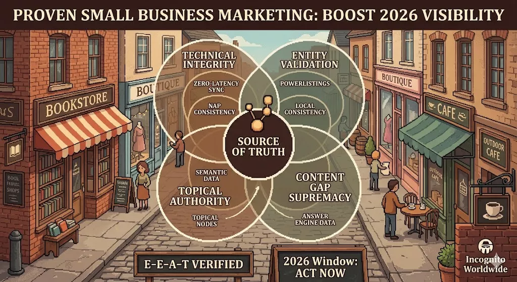 Header image visualizing creative small business marketing strategies for 2026, using warm pixel-art visuals of a local cityscape to illustrate the human and architectural elements of the Digital Authority Matrix, by Incognito Worldwide.