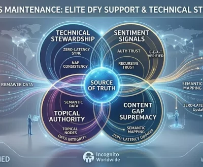 Modern holographic dashboard illustrating Elite Done-For-You WordPress Maintenance and Technical Stewardship by Incognito Worldwide, visualizing Technical Stewardship, Sentiment Signals, Topical Authority, and Content Gap Supremacy for 2026 AI search compatibility.