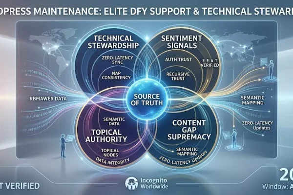 Modern holographic dashboard illustrating Elite Done-For-You WordPress Maintenance and Technical Stewardship by Incognito Worldwide, visualizing Technical Stewardship, Sentiment Signals, Topical Authority, and Content Gap Supremacy for 2026 AI search compatibility.