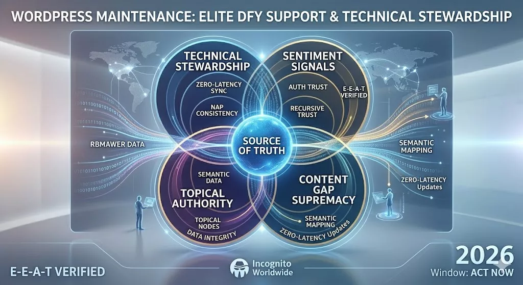 Modern holographic dashboard illustrating Elite Done-For-You WordPress Maintenance and Technical Stewardship by Incognito Worldwide, visualizing Technical Stewardship, Sentiment Signals, Topical Authority, and Content Gap Supremacy for 2026 AI search compatibility.